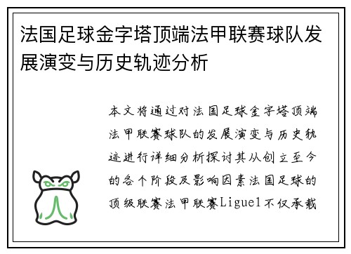 法国足球金字塔顶端法甲联赛球队发展演变与历史轨迹分析